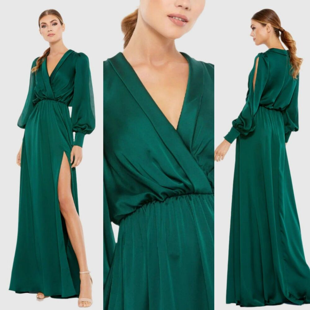 Mac Duggal Hunter Green Bishop Sleeve Faux Wrap Gown Size14 Maxi Dress 49146 New
